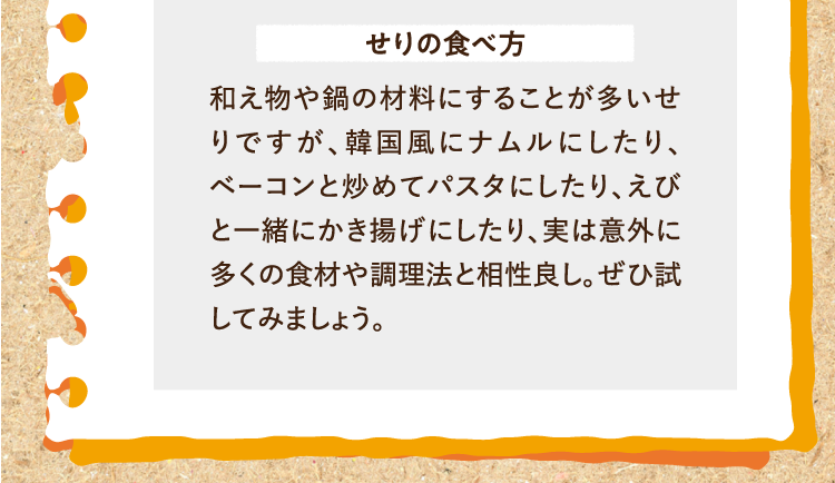 せりの食べ方 和え物や鍋の材料にすることが多いせりですが、韓国風にナムルにしたり、ベーコンと炒めてパスタにしたり、えびと一緒にかき揚げにしたり、実は意外に多くの食材や調理法と相性良し。ぜひ試してみましょう。