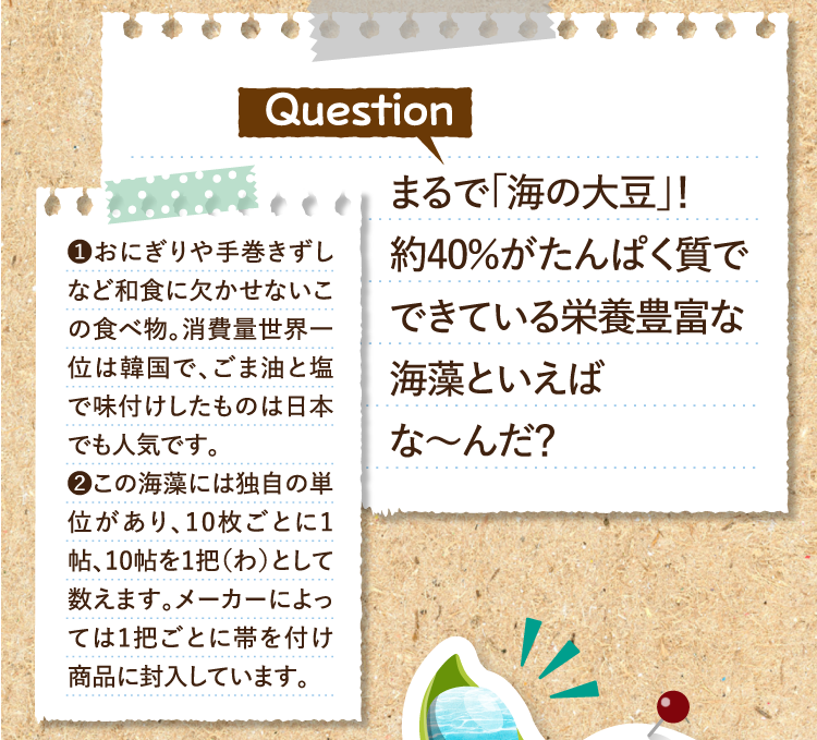 まるで「海の大豆」！ 約40％がたんぱく質でできている栄養豊富な海藻といえばな～んだ？ ❶おにぎりや手巻きずしなど和食に欠かせないこの食べ物。消費量世界一位は韓国で、ごま油と塩で味付けしたものは日本でも人気です。 ❷この海藻には独自の単位があり、10枚ごとに1帖、10帖を1把（わ）として数えます。メーカーによっては1把ごとに帯を付け商品に封入しています。