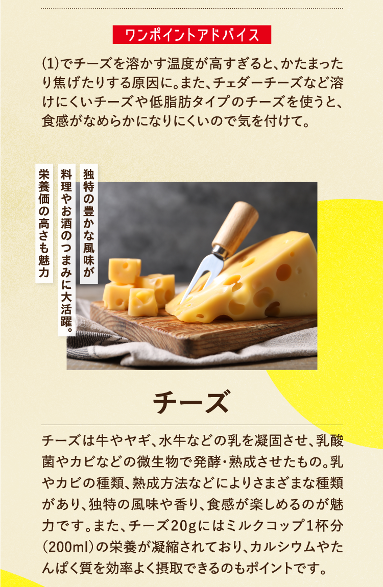 ワンポイントアドバイス (1)でチーズを溶かす温度が高すぎると、かたまったり焦げたりする原因に。また、チェダーチーズなど溶けにくいチーズや低脂肪タイプのチーズを使うと、食感がなめらかになりにくいので気を付けて。 独特の豊かな風味が料理やお酒のつまみに大活躍。栄養価の高さも魅力 チーズ チーズは牛やヤギ、水牛などの乳を凝固させ、乳酸菌やカビなどの微生物で発酵・熟成させたもの。乳やカビの種類、熟成方法などによりさまざまな種類があり、独特の風味や香り、食感が楽しめるのが魅力です。また、チーズ20ｇにはミルクコップ1杯分（200ml）の栄養が凝縮されており、カルシウムやたんぱく質を効率よく摂取できるのもポイントです。