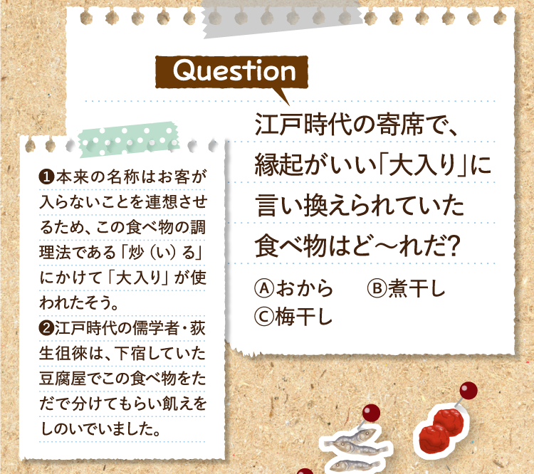 江戸時代の寄席で、縁起がいい「大入り」に言い換えられていた食べ物はど～れだ？ Ⓐおから Ⓑ煮干し Ⓒ梅干し ❶本来の名称はお客が入らないことを連想させるため、この食べ物の調理法である「炒（い）る」にかけて「大入り」が使われたそう。 ❷江戸時代の儒学者・荻生徂徠は、下宿していた豆腐屋でこの食べ物をただで分けてもらい飢えをしのいでいました。