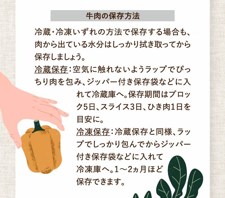 牛肉の保存方法 冷蔵・冷凍いずれの方法で保存する場合も、肉から出ている水分はしっかり拭き取ってから保存しましょう。 冷蔵保存：空気に触れないようラップでぴっちり肉を包み、ジッパー付き保存袋などに入れて冷蔵庫へ。保存期間はブロック5日、スライス3日、ひき肉1日を目安に。 冷凍保存：冷蔵保存と同様、ラップでしっかり包んでからジッパー付き保存袋などに入れて冷凍庫へ。1～2ヵ月ほど保存できます。
