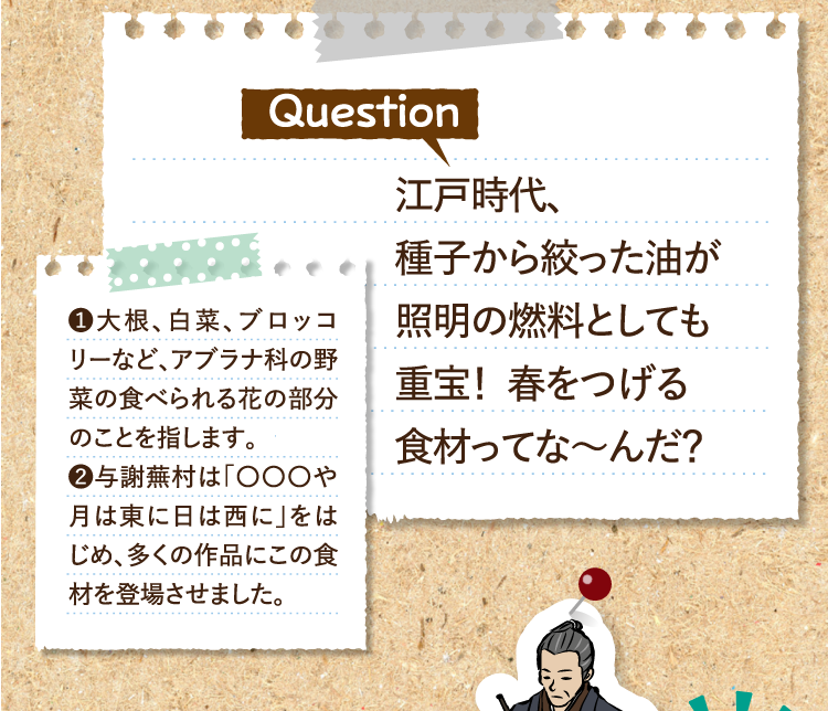 江戸時代、種子から絞った油が照明の燃料としても重宝！春をつげる食材ってな～んだ？ ❶大根、白菜、ブロッコリーなど、アブラナ科の野菜の食べられる花の部分のことを指します。 ❷与謝蕪村は「〇〇〇や月は東に日は西に」をはじめ、多くの作品にこの食材を登場させました。