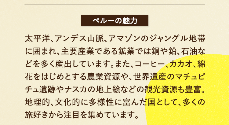 ペルーの魅力 太平洋、アンデス山脈、アマゾンのジャングル地帯に囲まれ、主要産業である鉱業では銅や鉛、石油などを多く産出しています。また、コーヒー、カカオ、綿花をはじめとする農業資源や、世界遺産のマチュピチュ遺跡やナスカの地上絵などの観光資源も豊富。地理的、文化的に多様性に富んだ国として、多くの旅好きから注目を集めています。