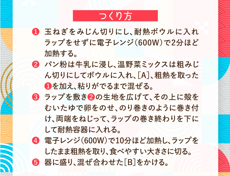 つくり方 ❶玉ねぎをみじん切りにし、耐熱ボウルに入れラップをせずに電子レンジ（600W）で2分ほど加熱する。 ❷パン粉は牛乳に浸し、温野菜ミックスは粗みじん切りにしてボウルに入れ、［A］、粗熱を取った❶を加え、粘りがでるまで混ぜる。 ❸ラップを敷き❷の生地を広げて、その上に殻をむいたゆで卵をのせ、のり巻きのように巻き付け、両端をねじって、ラップの巻き終わりを下にして耐熱容器に入れる。 ❹電子レンジ（600W）で10分ほど加熱し、ラップをしたまま粗熱を取り、食べやすい大きさに切る。 ❺器に盛り、混ぜ合わせた［B］をかける。