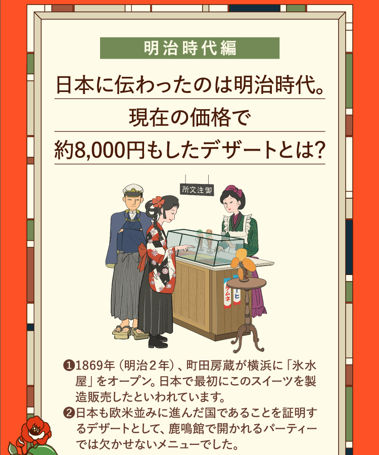 明治時代編 日本に伝わったのは明治時代。現在の価格で約8,000円もしたデザートとは？ ❶1869年（明治２年）、町田房蔵が横浜に「氷水屋」をオープン。日本で最初にこのスイーツを製造販売したといわれています。 ❷日本も欧米並みに進んだ国であることを証明するデザートとして、鹿鳴館で開かれるパーティーでは欠かせないメニューでした。
