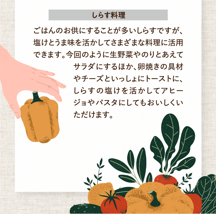 しらす料理 ごはんのお供にすることが多いしらすですが、塩けとうま味を活かしてさまざまな料理に活用できます。今回のように生野菜やのりとあえてサラダにするほか、卵焼きの具材やチーズといっしょにトーストに、しらすの塩けを活かしてアヒージョやパスタにしてもおいしくいただけます。