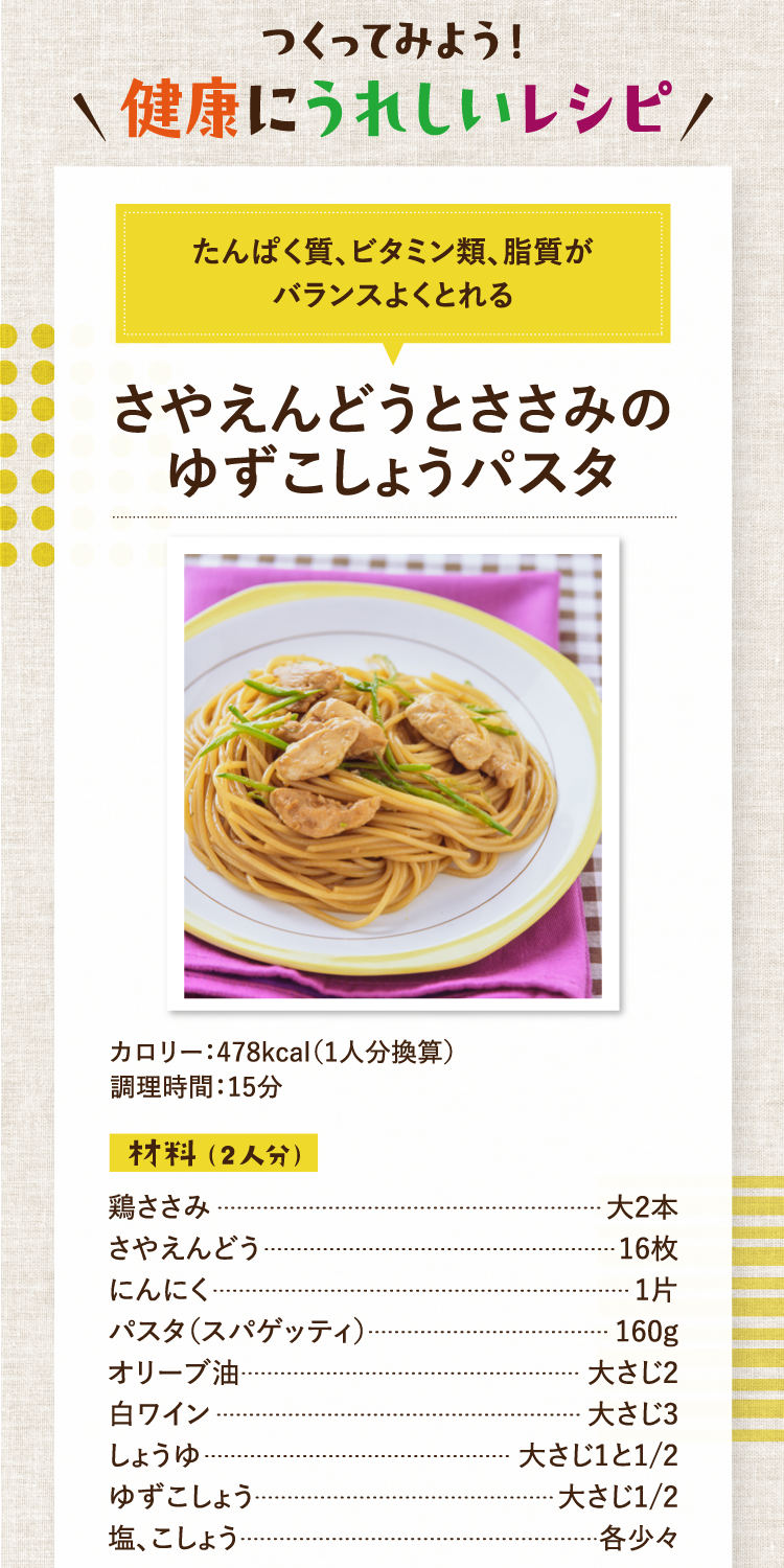 作ってみよう！健康にうれしいレシピ たんぱく質、ビタミン類、脂質がバランスよくとれる さやえんどうとささみのゆずこしょうパスタ カロリー：478kcal（1人分換算） 調理時間：15分 材料（2人分） 鶏ささみ 大2本 さやえんどう 16枚 にんにく 1片 パスタ（スパゲッティ） 160g オリーブ油 大さじ2 白ワイン 大さじ3 しょうゆ 大さじ1と1/2 ゆずこしょう 大さじ1/2 塩、こしょう 各少々