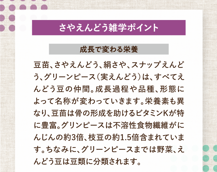 さやえんどう雑学ポイント 成長で変わる栄養 豆苗、さやえんどう、絹さや、スナップえんどう、グリーンピース（実えんどう）は、すべてえんどう豆の仲間。成長過程や品種、形態によって名称が変わっていきます。栄養素も異なり、豆苗は骨の形成を助けるビタミンKが特に豊富。グリンピースは不溶性食物繊維がにんじんの約3倍、枝豆の約1.5倍含まれています。ちなみに、グリーンピースまでは野菜、えんどう豆は豆類に分類されます。