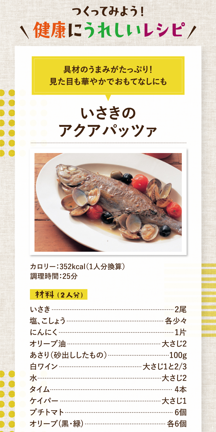 作ってみよう！健康にうれしいレシピ 具材のうまみがたっぷり！見た目も華やかでおもてなしにも いさきのアクアパッツァ カロリー：352kcal（1人分換算） 調理時間：25分 材料（2人分） いさき 2尾 塩、こしょう 各少々 にんにく 1片 オリーブ油 大さじ2 あさり（砂出ししたもの） 100g 白ワイン 大さじ1と2/3 水 大さじ2 タイム 4本 ケイパー 大さじ1 プチトマト 6個 オリーブ(黒・緑) 各6個