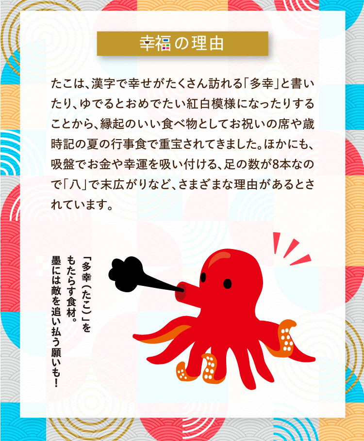 幸福の理由 たこは、漢字で幸せがたくさん訪れる「多幸」と書いたり、ゆでるとおめでたい紅白模様になったりすることから、縁起のいい食べ物としてお祝いの席や歳時記の夏の行事食で重宝されてきました。ほかにも、吸盤でお金や幸運を吸い付ける、足の数が8本なので「八」で末広がりなど、さまざまな理由があるとされています。 「多幸（たこ）」をもたらす食材。墨には敵を追い払う願いも！