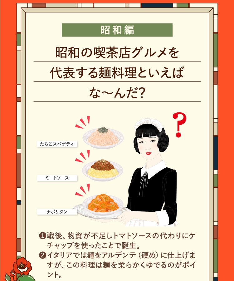 昭和編 昭和の喫茶店グルメを代表する麺料理といえばな～んだ？ たらこスパゲティ ミートソース ナポリタン ❶戦後、物資が不足しトマトソースの代わりにケチャップを使ったことで誕生。 ❷イタリアでは麺をアルデンテ（硬め）に仕上げますが、この料理は麺を柔らかくゆでるのがポイント。