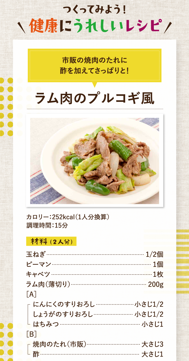 作ってみよう！健康にうれしいレシピ 市販の焼肉のたれに酢を加えてさっぱりと！ ラム肉のプルコギ風 カロリー：252kcal（1人分換算） 調理時間：15分 材料（2人分） 玉ねぎ 1/2個 ピーマン 1個 キャベツ 1枚 ラム肉（薄切り） 200g ［A］ にんにくのすりおろし 小さじ1/2 しょうがのすりおろし 小さじ1/2 はちみつ 小さじ1 ［B］ 焼肉のたれ（市販） 大さじ3 酢 大さじ1