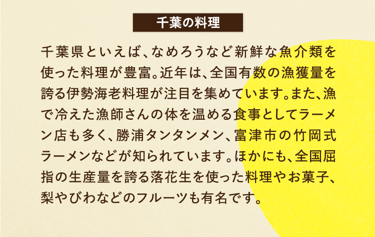千葉の料理 千葉県といえば、なめろうなど新鮮な魚介類を使った料理が豊富。近年は、全国有数の漁獲量を誇る伊勢海老料理が注目を集めています。また、漁で冷えた漁師さんの体を温める食事としてラーメン店も多く、勝浦タンタンメン、富津市の竹岡式ラーメンなどが知られています。ほかにも、全国屈指の生産量を誇る落花生を使った料理やお菓子、梨やびわなどのフルーツも有名です。