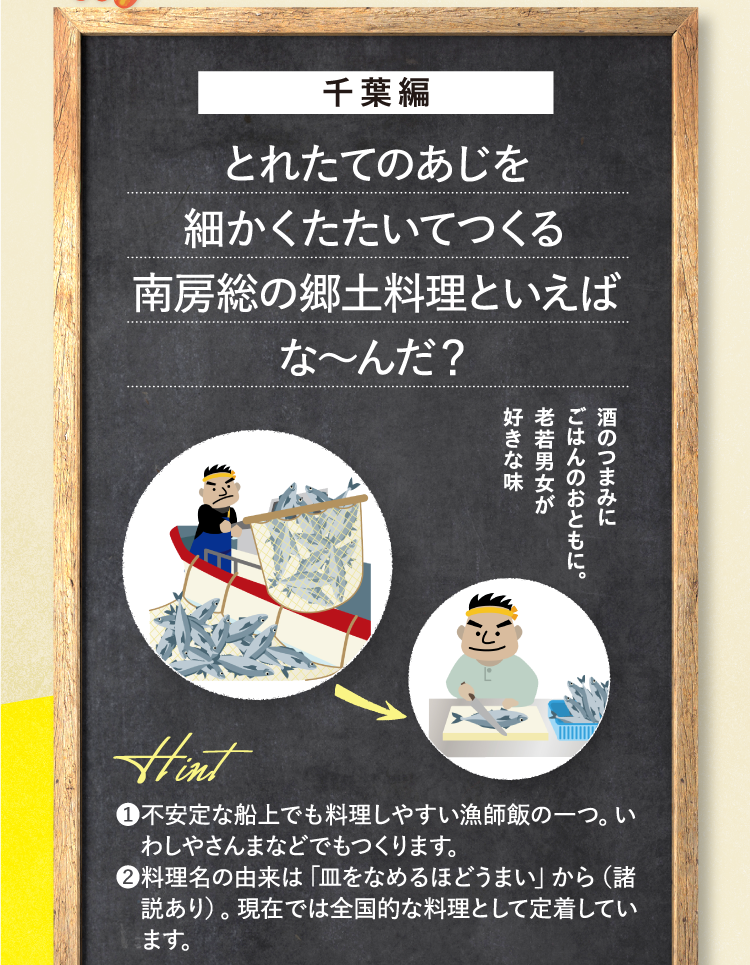 千葉編 とれたてのあじを細かくたたいてつくる南房総の郷土料理といえばな～んだ？ 酒のつまみにごはんのおともに。老若男女が好きな味 ヒント ❶不安定な船上でも料理しやすい漁師飯の一つ。いわしやさんまなどでもつくります。 ❷料理名の由来は「皿をなめるほどうまい」から（諸説あり）。現在では全国的な料理として定着しています。
