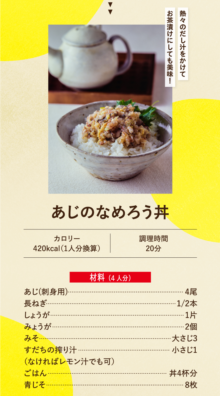 熱々のだし汁をかけてお茶漬けにしても美味！ あじのなめろう丼 カロリー420kcal（1人分換算） 調理時間20分 材料（4人分） あじ(刺身用) 4尾 長ねぎ 1/2本 しょうが 1片 みょうが 2個 みそ 大さじ3 すだちの搾り汁（なければレモン汁でも可） 小さじ1 ごはん 丼4杯分 青じそ 8枚