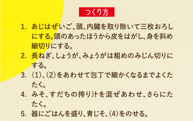 つくり方 1.あじはぜいご、頭、内臓を取り除いて三枚おろしにする。頭のあったほうから皮をはがし、身を斜め細切りにする。 2.長ねぎ、しょうが、みょうがは粗めのみじん切りにする。 3.（1）、（2）をあわせて包丁で細かくなるまでよくたたく。 4.みそ、すだちの搾り汁を混ぜあわせ、さらにたたく。 5.器にごはんを盛り、青じそ、（4）をのせる。