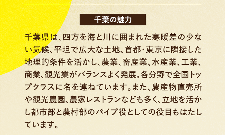 千葉の魅力 千葉県は、四方を海と川に囲まれた寒暖差の少ない気候、平坦で広大な土地、首都・東京に隣接した地理的条件を活かし、農業、畜産業、水産業、工業、商業、観光業がバランスよく発展。各分野で全国トップクラスに名を連ねています。また、農産物直売所や観光農園、農家レストランなども多く、立地を活かし都市部と農村部のパイプ役としての役目もはたしています。