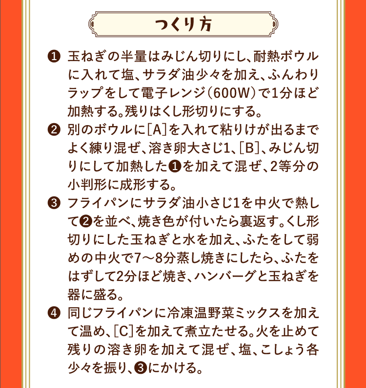 つくり方 ❶玉ねぎの半量はみじん切りにし、耐熱ボウルに入れて塩、サラダ油少々を加え、ふんわりラップをして電子レンジ（600W）で1分ほど加熱する。残りはくし形切りにする。 ❷別のボウルに［A］を入れて粘りけが出るまでよく練り混ぜ、溶き卵大さじ1、［B］、みじん切りにして加熱した❶を加えて混ぜ、2等分の小判形に成形する。 ❸フライパンにサラダ油小さじ1を中火で熱して❷を並べ、焼き色が付いたら裏返す。くし形切りにした玉ねぎと水を加え、ふたをして弱めの中火で7〜8分蒸し焼きにしたら、ふたをはずして2分ほど焼き、ハンバーグと玉ねぎを器に盛る。 ❹同じフライパンに冷凍温野菜ミックスを加えて温め、［C］を加えて煮立たせる。火を止めて残りの溶き卵を加えて混ぜ、塩、こしょう各少々を振り、❸にかける。