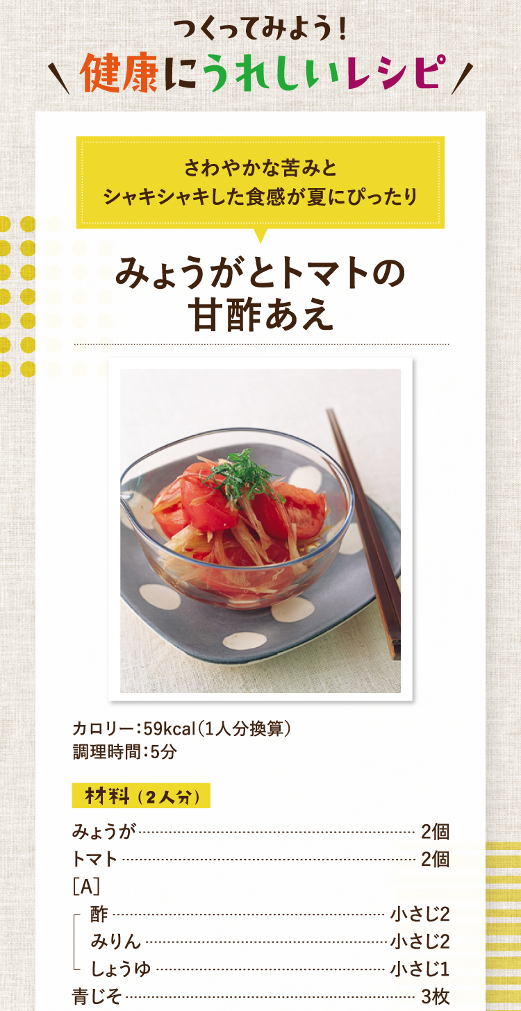 つくってみよう！健康にうれしいレシピ さわやかな苦みとシャキシャキした食感が夏にぴったり みょうがとトマトの甘酢あえ カロリー：59kcal（1人分換算） 調理時間：5分 材料（2人分） みょうが 2個 トマト 2個 ［A］ 酢 小さじ2 みりん 小さじ2 しょうゆ 小さじ1 青じそ 3枚