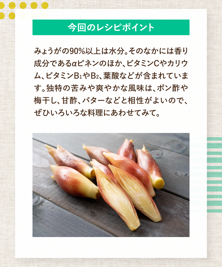 今回のレシピポイント みょうがの90％以上は水分。そのなかには香り成分であるαピネンのほか、ビタミンCやカリウム、ビタミンB1やB2、葉酸などが含まれています。独特の苦みや爽やかな風味は、ポン酢や梅干し、甘酢、バターなどと相性がよいので、ぜひいろいろな料理にあわせてみて。