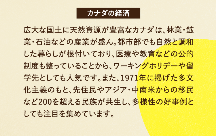 カナダの経済 広大な国土に天然資源が豊富なカナダは、林業・鉱業・石油などの産業が盛ん。都市部でも自然と調和した暮らしが根付いており、医療や教育などの公的制度も整っていることから、ワーキングホリデーや留学先としても人気です。また、1971年に掲げた多文化主義のもと、先住民やアジア・中南米からの移民など200を超える民族が共生し、多様性の好事例としても注目を集めています。