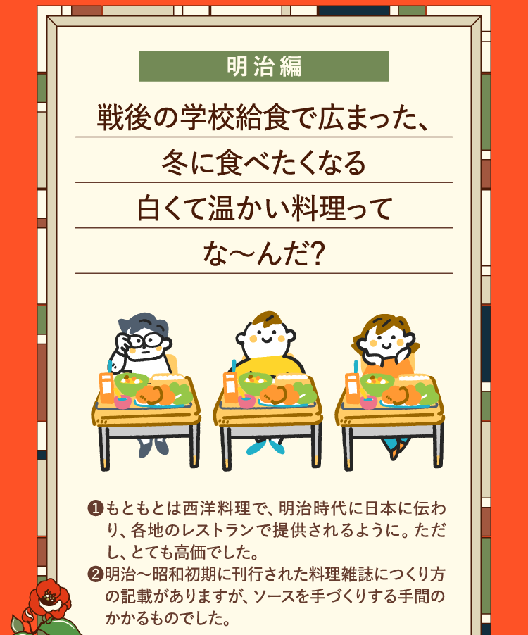 明治編 戦後の学校給食で広まった、冬に食べたくなる白くて温かい料理ってな～んだ？ ❶もともとは西洋料理で、明治時代に日本に伝わり、各地のレストランで提供されるように。ただし、とても高価でした。 ❷明治～昭和初期に刊行された料理雑誌につくり方の記載がありますが、ソースを手づくりする手間のかかるものでした。
