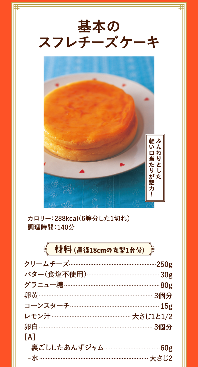 ふんわりとした軽い口当たりが魅力！ 基本のスフレチーズケーキ カロリー：288kcal（6等分した1切れ） 調理時間：140分 材料 （直径18cmの丸型1台分） クリームチーズ 250g バター（食塩不使用） 30g グラニュー糖 80g 卵黄 3個分 コーンスターチ 15g レモン汁 大さじ1と1/2 卵白 3個分 ［A］裏ごししたあんずジャム 60g 水 大さじ2