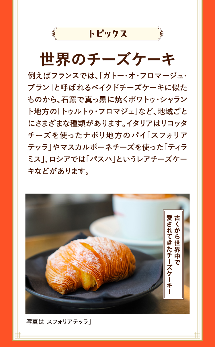 トピックス 世界のチーズケーキ 例えばフランスでは、｢ガトー・オ・フロマージュ・ブラン｣と呼ばれるベイクドチーズケーキに似たものから、石窯で真っ黒に焼くポワトゥ・シャラント地方の｢トゥルトゥ・フロマジェ｣など、地域ごとにさまざまな種類があります。イタリアはリコッタチーズを使ったナポリ地方のパイ｢スフォリアテッラ｣やマスカルポーネチーズを使った｢ティラミス｣、ロシアでは｢パスハ｣というレアチーズケーキなどがあります。 古くから世界中で愛されてきたチーズケーキ！ 写真は｢スフォリアテッラ｣