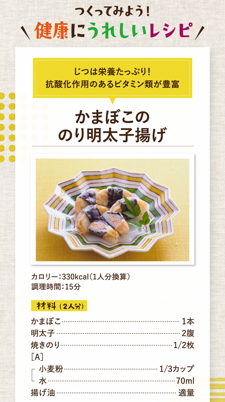 つくってみよう！健康にうれしいレシピ じつは栄養たっぷり！抗酸化作用のあるビタミン類が豊富 かまぼこののり明太子揚げ カロリー：330kcal（1人分換算） 調理時間：15分 材料（2人分） かまぼこ 1本 明太子 2腹 焼きのり 1/2枚 ［A］小麦粉 1/3カップ 水 70ml 揚げ油 適量