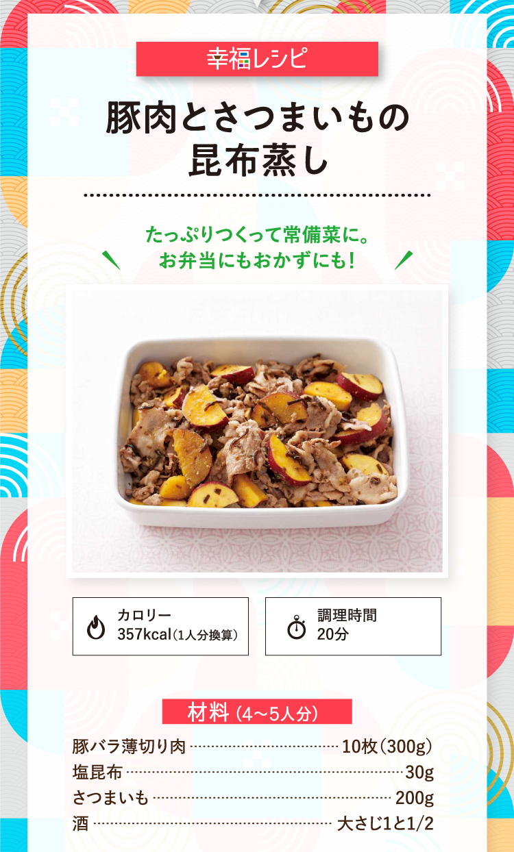 幸福レシピ たっぷりつくって常備菜に。お弁当にもおかずにも！ 豚肉とさつまいもの昆布蒸し カロリー 357kcal（1人分換算） 調理時間20分 材料（4～5人分） 豚バラ薄切り肉 10枚（300g） 塩昆布 30g さつまいも 200g 酒 大さじ1と1/2