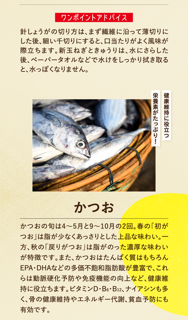ワンポイントアドバイス 針しょうがの切り方は、まず繊維に沿って薄切りにした後、細い千切りにすると、口当たりがよく風味が際立ちます。新玉ねぎときゅうりは、水にさらした後、ペーパータオルなどで水けをしっかり拭き取ると、水っぽくなりません。 健康維持に役立つ栄養素がたっぷり！ かつお かつおの旬は4〜5月と9〜10月の2回。春の｢初がつお｣は脂が少なくあっさりとした上品な味わい。一方、秋の｢戻りがつお｣は脂がのった濃厚な味わいが特徴です。また、かつおはたんぱく質はもちろんEPA・DHAなどの多価不飽和脂肪酸が豊富で、これらは動脈硬化予防や免疫機能の向上など、健康維持に役立ちます。ビタミンD・B6・B12、ナイアシンも多く、骨の健康維持やエネルギー代謝、貧血予防にも有効です。