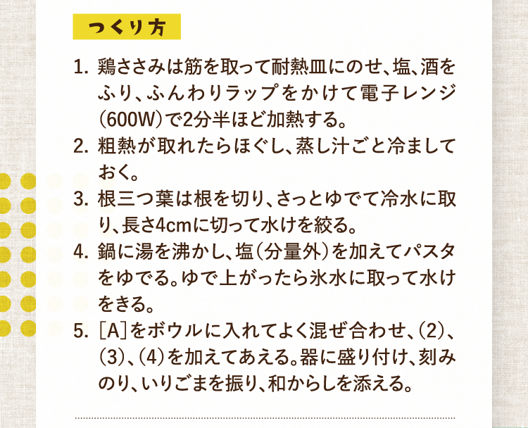つくり方 1.鶏ささみは筋を取って耐熱皿にのせ、塩、酒をふり、ふんわりラップをかけて電子レンジ（600W）で2分半ほど加熱する。 2.粗熱が取れたらほぐし、蒸し汁ごと冷ましておく。 3.根三つ葉は根を切り、さっとゆでて冷水に取り、長さ4cmに切って水けを絞る。 4.鍋に湯を沸かし、塩（分量外）を加えてパスタをゆでる。ゆで上がったら氷水に取って水けをきる。 5.［A］をボウルに入れてよく混ぜ合わせ、（2）、（3）、（4）を加えてあえる。器に盛り付け、刻みのり、いりごまを振り、和からしを添える。